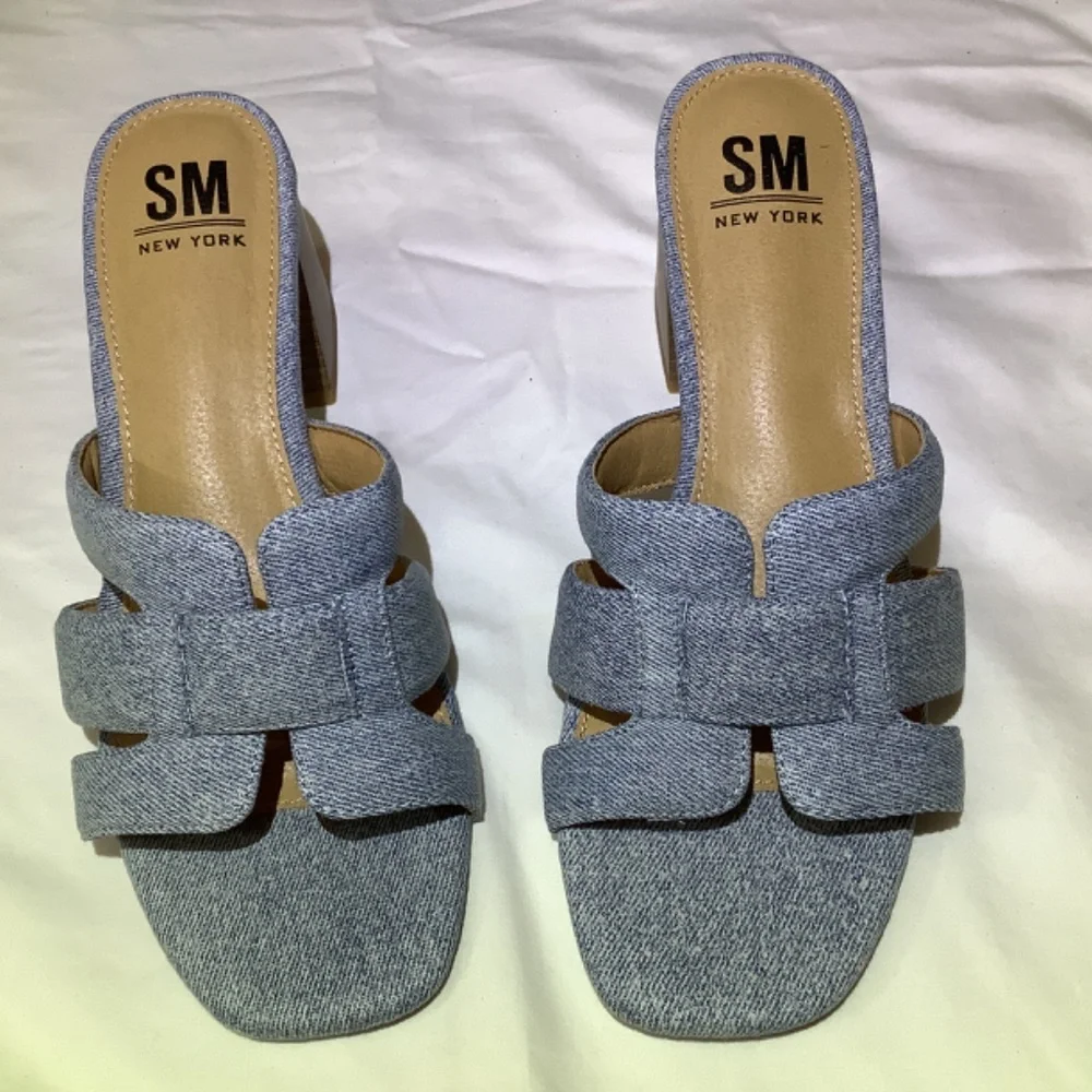 NWOT SM New York Denim blue slip ons‎ chunky heel open toe